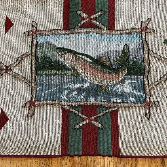 Rustic Retreat  Wildlife Tapestry Table Runner Deer Bear Salmon Geometric USA - Picture 2 of 12